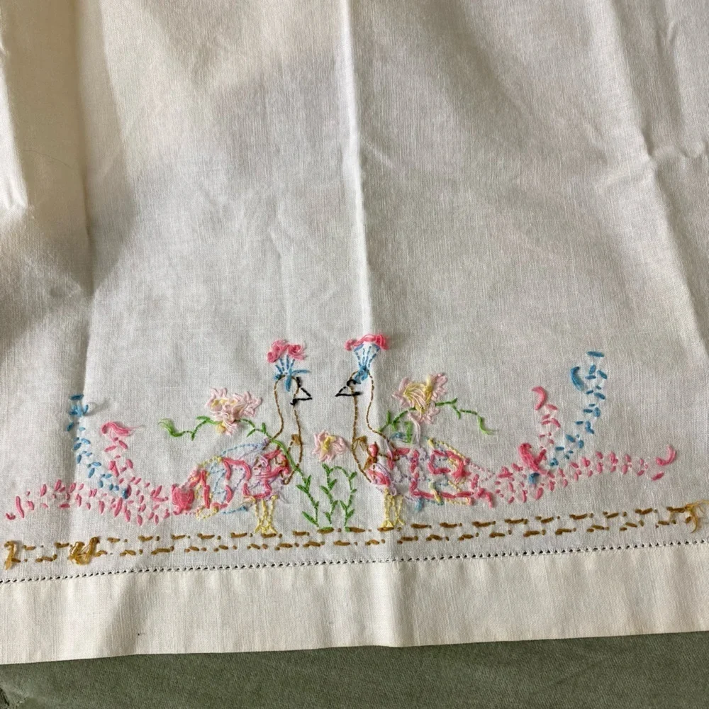 Vintage table runner cloth embroidered peacocks in center OSK